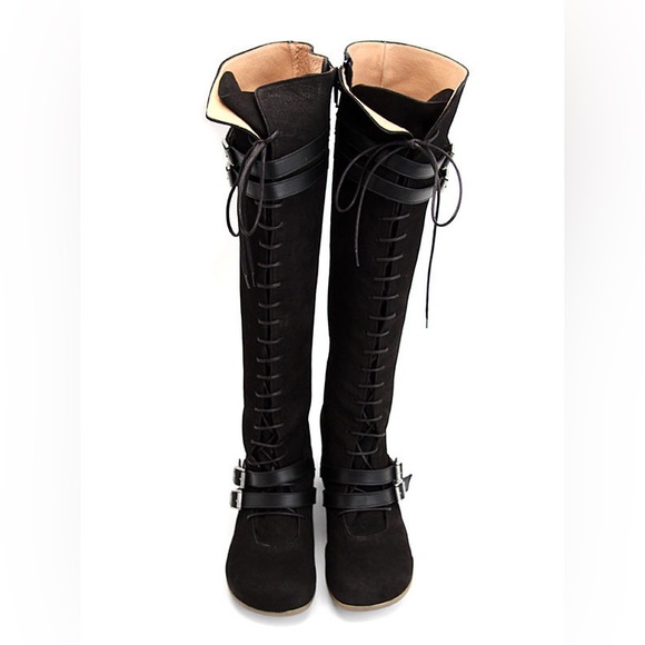 John Fluevog Black Suede Operetta Hjordis Boots with Buckles, Sz 10 - Picture 2 of 10